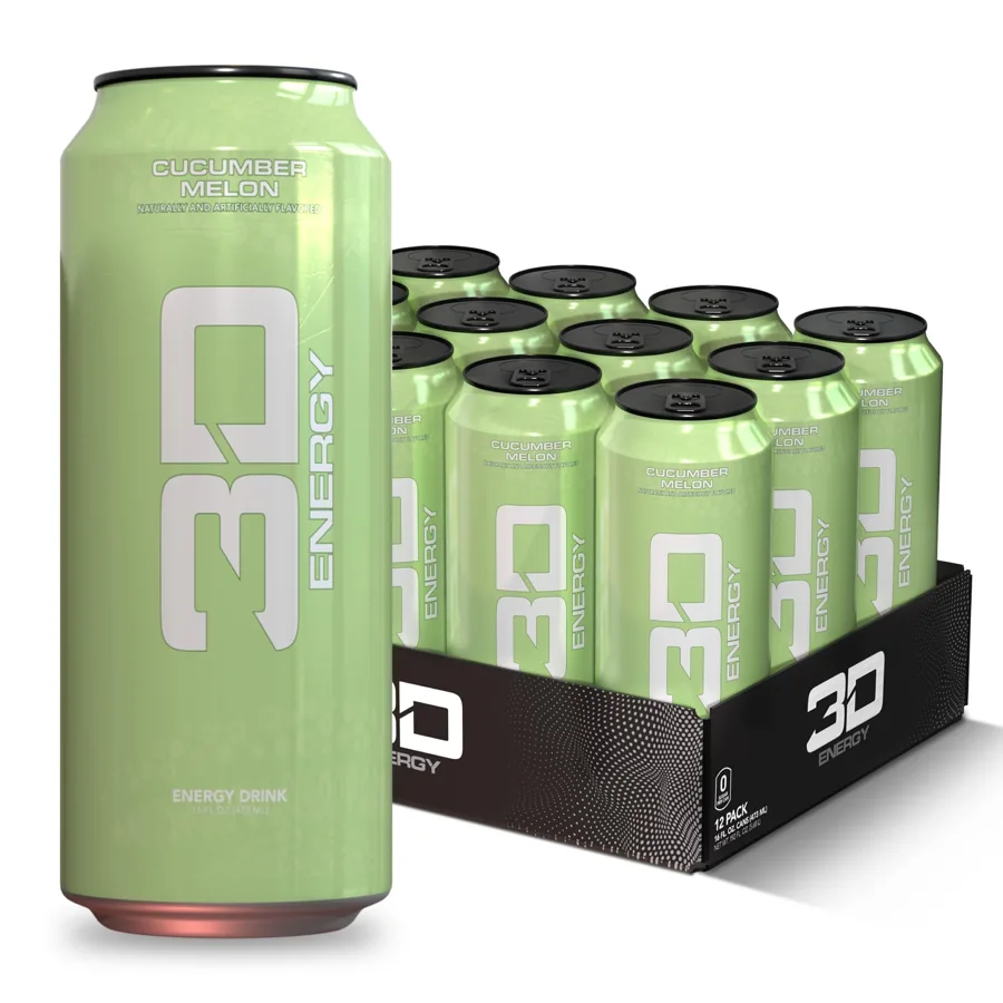 3D Sugar Free Energy Drink Cucumber Melon — 16oz Cans, 12-Pack, 200 mg Caffeine, Lightly Carbonated