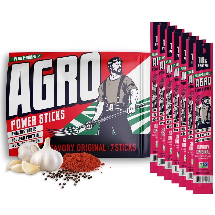 AGRO Savory Original Vegan Jerky Sticks 7-Pack — 10g Plant Protein Each, Slow-Roasted Umami Flavor
