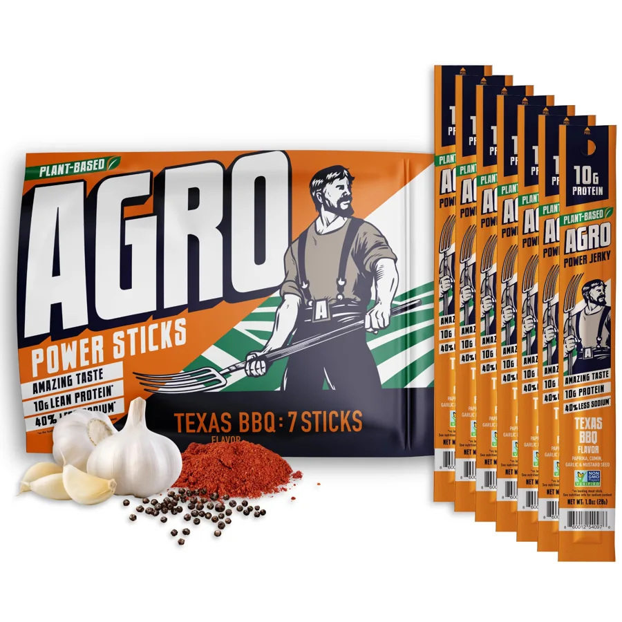 AGRO Texas BBQ Vegan Jerky Sticks — 7-Pack Plant Protein Snack, Slow-Roasted, 10g Protein Each