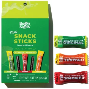 Bean Stalk Savory Vegan Mini Snack Sticks — Assorted Teriyaki, Smoked & Original | Plant-Based Protein, Individually Wrapped