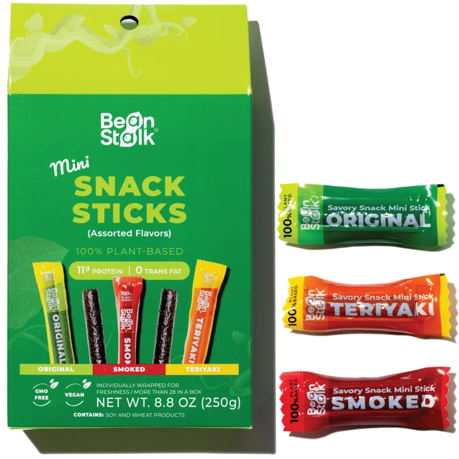 Bean Stalk Savory Vegan Mini Snack Sticks — Assorted Teriyaki, Smoked & Original | Plant-Based Protein, Individually Wrapped