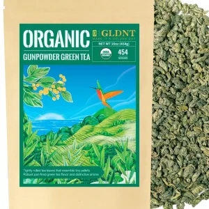 GLDNT Organic Gunpowder Green Tea Loose Leaf 16oz — Tightly Rolled Pellets, Resealable Foil Pouch