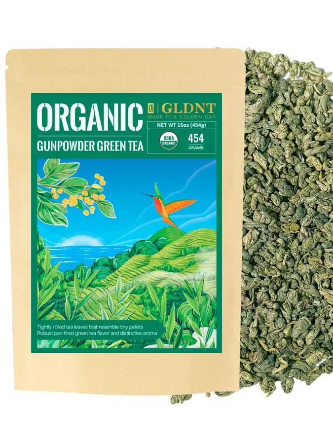 GLDNT Organic Gunpowder Green Tea Loose Leaf 16oz — Tightly Rolled Pellets, Resealable Foil Pouch