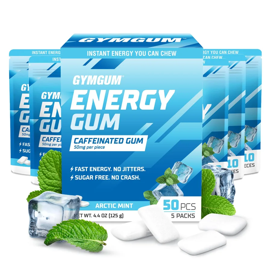 GYMGUM Caffeine Energy Gum Arctic Mint — 50 Ct, 50 mg Caffeine & L‑Theanine, Zero Sugar