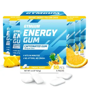 GYMGUM Caffeine Energy Gum Tropic Burst 50-Count Pouch, 50 mg Caffeine & L-Theanine, Sugar-Free