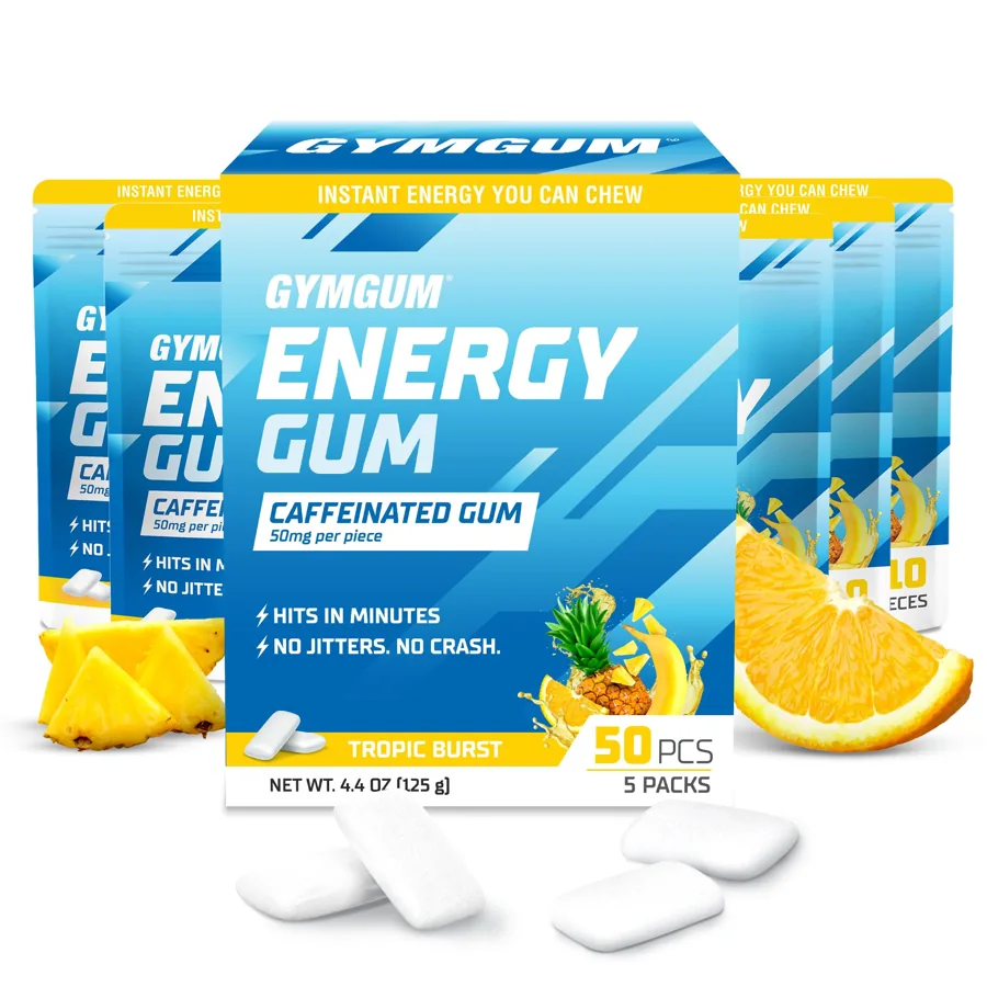 GYMGUM Caffeine Energy Gum Tropic Burst 50-Count Pouch, 50 mg Caffeine & L-Theanine, Sugar-Free