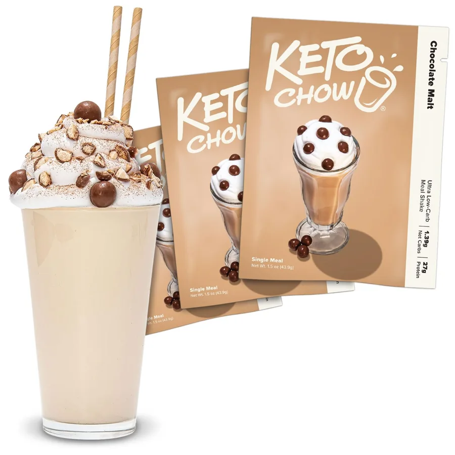 Keto Chow Chocolate Malt Meal Replacement Shake Powder — 3 Meals, Low-Carb Protein & Electrolytes