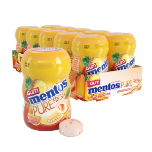 MENTOS Pure Fresh Sugar-Free Chewing Gum Tropical — Pack of 10 10‑Piece Resealable Bottles, Xylitol Freshness