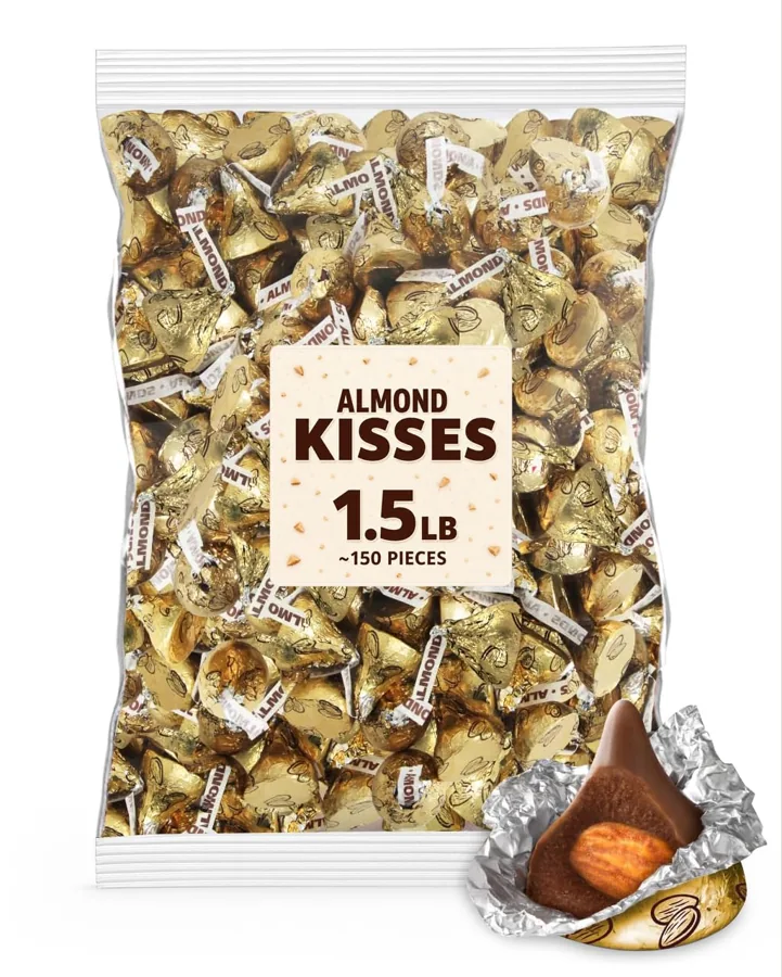Munchique Milk Chocolate Almond Kisses Candy — 1.5 lb Bulk Bag, ~150 Individually Wrapped Pieces, Crunchy Almond