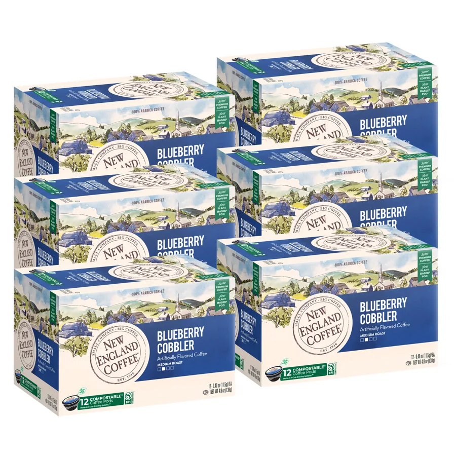 New England Coffee Blueberry Cobbler Single-Serve Pods, 12ct Box (Pack of 6) — Medium Roast, 100% Arabica, Dessert-Inspired Flavor