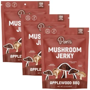 Pan's Mushroom Jerky Applewood BBQ — Vegan Shiitake Jerky 2.2 oz (Pack of 3), Gluten-Free High-Fiber Snack