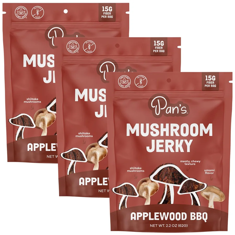 Pan's Mushroom Jerky Applewood BBQ — Vegan Shiitake Jerky 2.2 oz (Pack of 3), Gluten-Free High-Fiber Snack