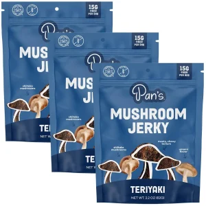 Pan's Mushroom Jerky Teriyaki — 2.2 oz 3-Pack, Vegan Plant-Based Snack High Fiber