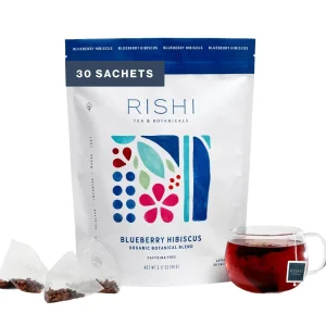 Rishi Tea Blueberry Hibiscus Organic Herbal Tea Bags — 30ct Resealable Pouch, Caffeine-Free, USDA Organic