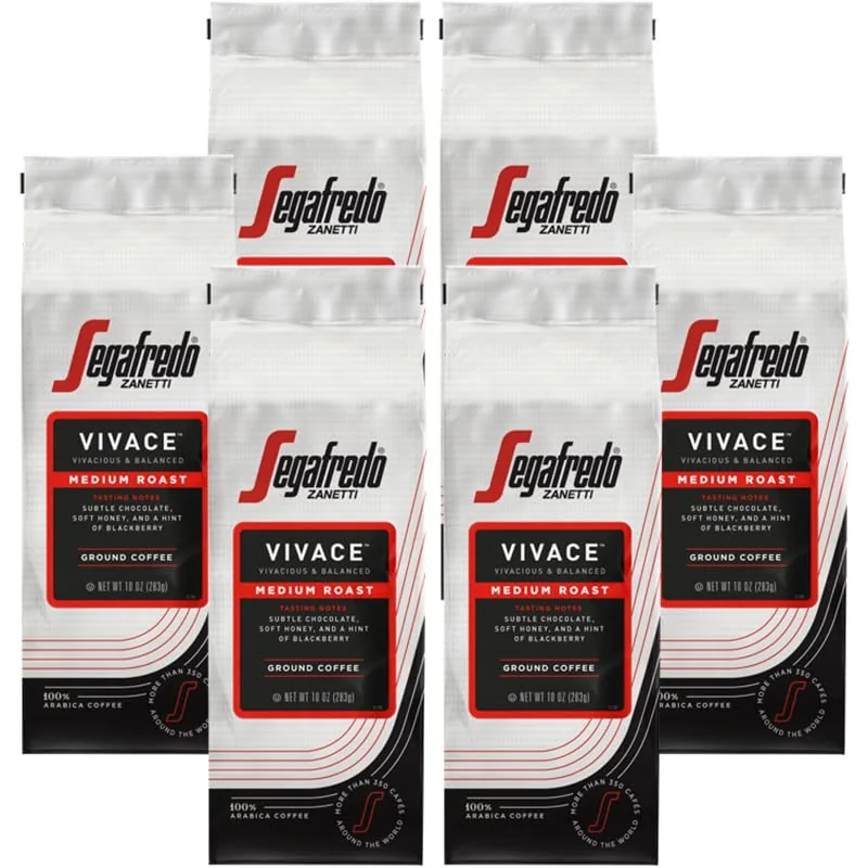 Segafredo Zanetti Vivace Ground Coffee 6 x 10 oz — Medium-Roast Colombian & Brazilian Arabica, Smooth Chocolate-Fruit Notes