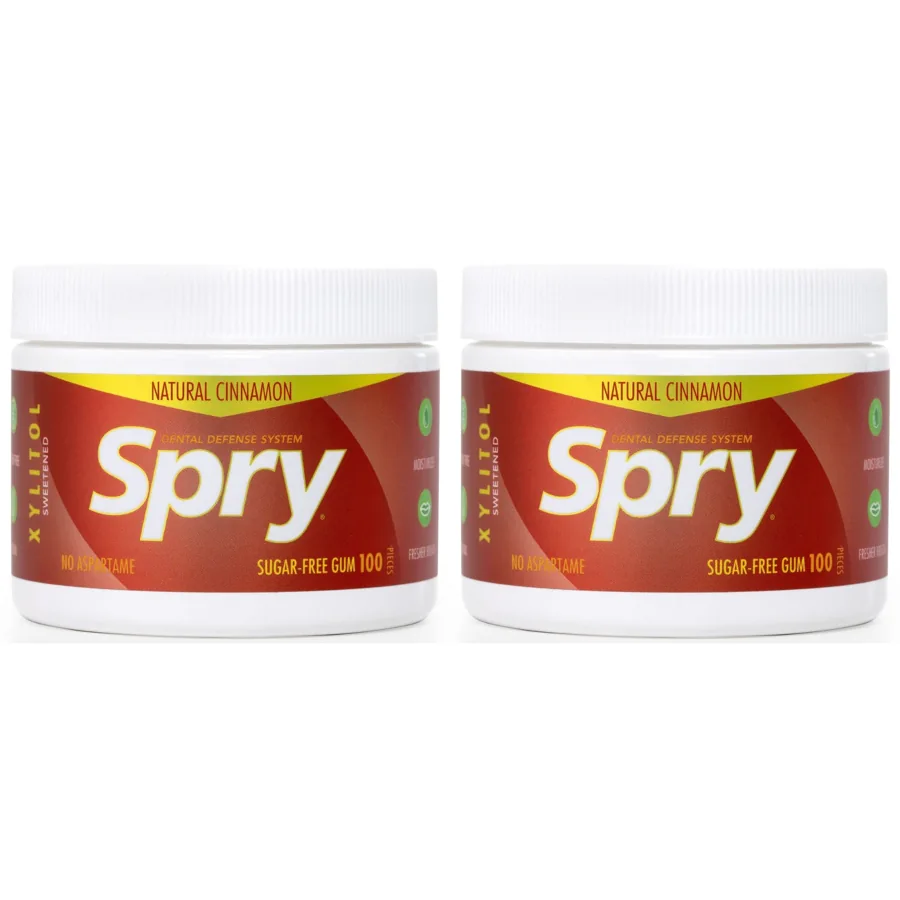 Spry Xylitol Chewing Gum Cinnamon — 2 × 100-Count Tins, Sugar-Free & Portable