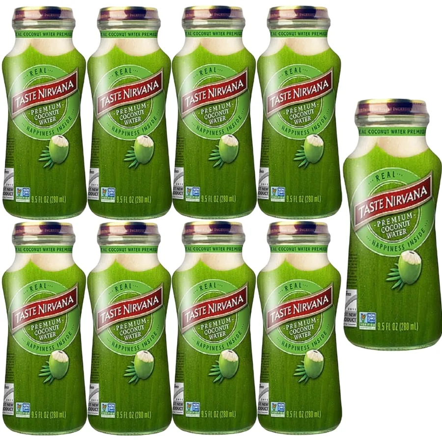Taste Nirvana Coconut Water 9.5 oz Glass Bottles — Pack of 9, 100% Natural Hydration, No Added Sugar