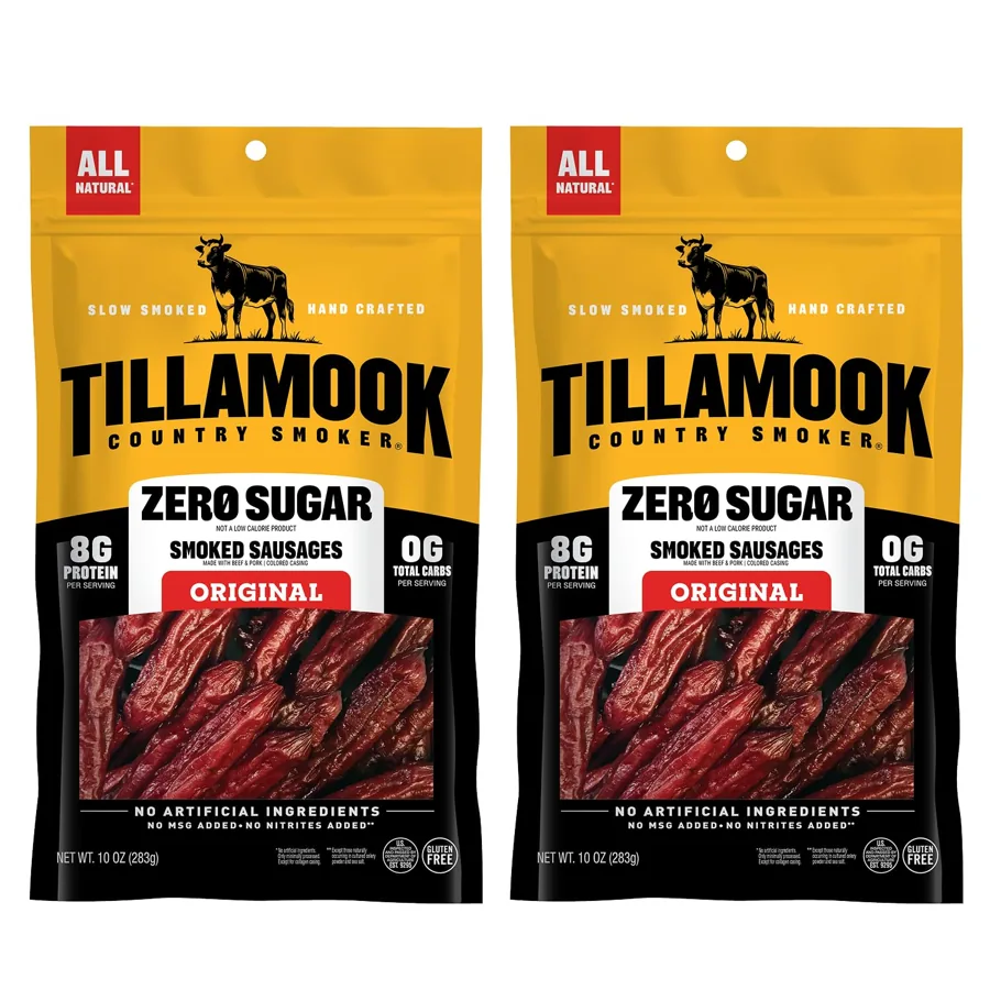 TILLAMOOK COUNTRY SMOKER Zero Sugar Original Smoked Sausages, Pack of 2 — Keto Friendly, Hardwood Smoked, 10 oz each
